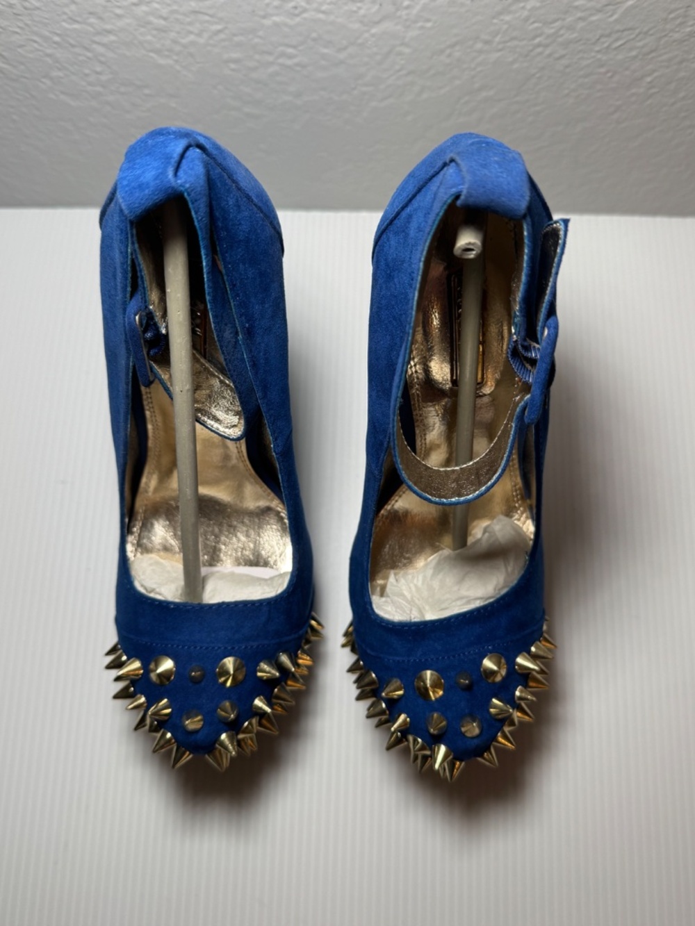 Wild Pair Blue Suede Spike Platform Heels with Ankle Strap - Picture 5 of 8
